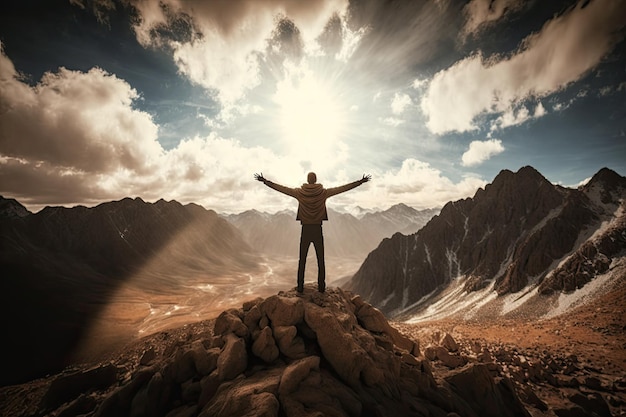 Foto ervaar bliss op mountain peak met de generatieve ai van outstretched arms