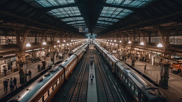 Ervaar de levendige energie van een druk treinstation tijdens de spits waar de eb en vloed van pendelaars een symfonie van beweging en anticipatie creëert Gegenereerd door AI