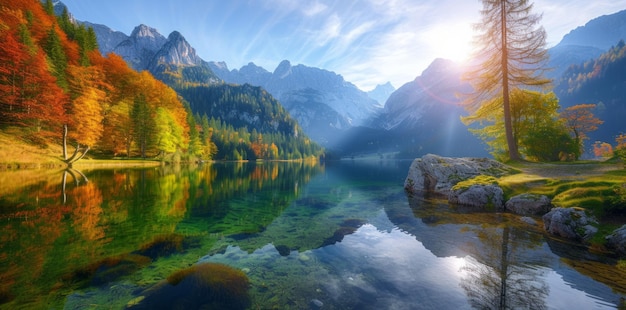 Ervaar de levendige kleuren van een zonnig herfstlandschap met levendig gebladerte en warm zonlicht