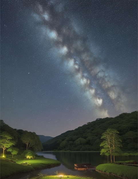 Foto ervaar de rustige schoonheid van een sterrenrijke nacht in de natuur met een adembenemende glinsterende straal