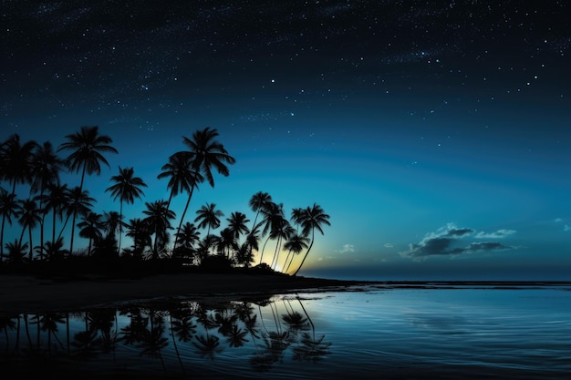 Ervaar de serene schoonheid van een strand 's nachts, compleet met zwaaiende palmbomen en een verblindende sterrenhemel. Een serene maanlichtstrand met silhouetten van palmbomen.