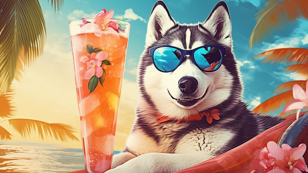 Ervaar de ultieme ontspanning met onze viervoeter, de Siberische Husky, terwijl hij achterover leunt op een strandlaken met een stijlvolle zonnebril en nippend aan een verfrissend tropisch drankje