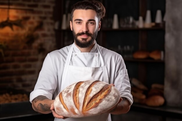 Ervaren bakker met donker warm brood bakkerij verse zelfgemaakte tarwe taart professionele man keuken