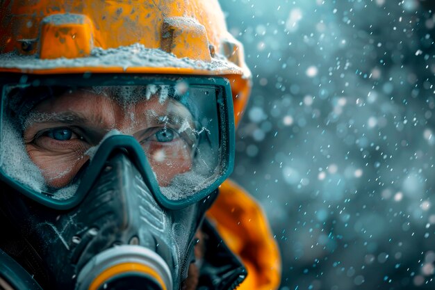 Ervaren bouwvakker beschermd door een hoogwaardig stofmasker te midden van glaswoldeeltjes op de bouwplaats