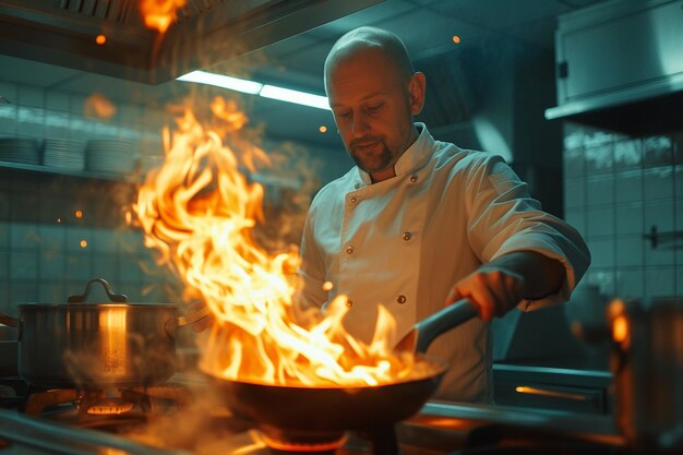 Foto ervaren chef-kok koken met flaming pan in keuken met ai gegenereerd