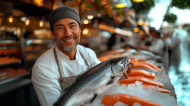 Ervaren chef-kok met een grote markt voor gevlekte forel Gourmet zeevruchten concept gastronomie