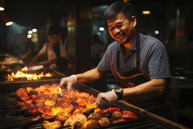 Ervaren chef-koks grillen verschillende sappige stukken vlees in een barbecuerestaurant generatief IA