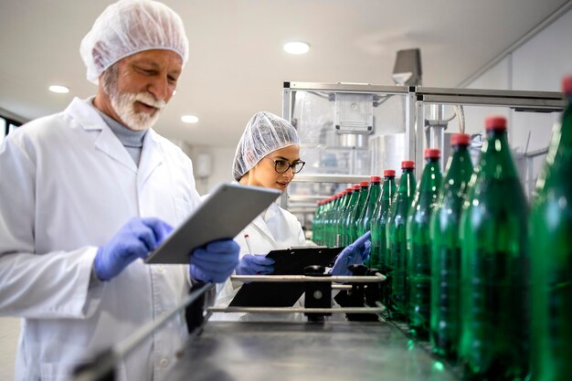 Foto ervaren kwaliteitscontroleurs die de productie van flessenwater in de drankenfabriek controleren