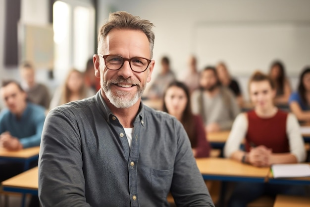 Ervaren opvoeder Volwassen Amerikaanse leraar in de klas met studenten Generatieve Ai