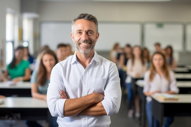 Ervaren opvoeder Volwassen Amerikaanse leraar in de klas met studenten Generatieve Ai