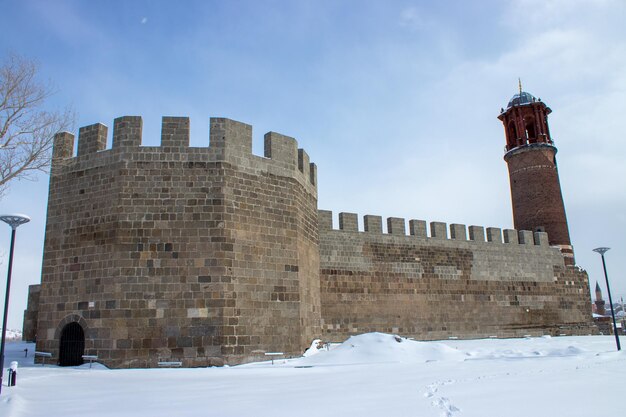 Erzurum castle and clock tower in winter. The symbol  of Erzurum.