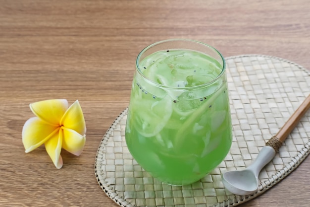 Es Kuwut traditional Balinese fruit cocktail made from young coconut melon basil seed syrup