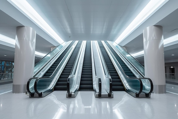 An escalator in a large building with multiple escalators generative ai image