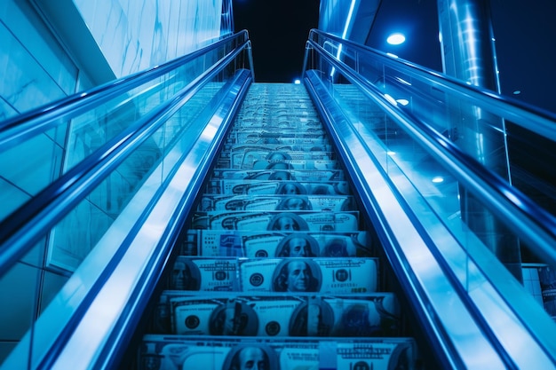 Эскалатор, транспортирующий несколько стопок денег вниз Эскалатор с валютными символами, изображающими растущую тенденцию цен, созданный ИИ