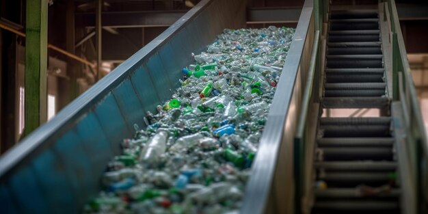 Фото Эскалатор с кучей пластиковых бутылок на заводе по переработке и переработке рециркуляционный завод