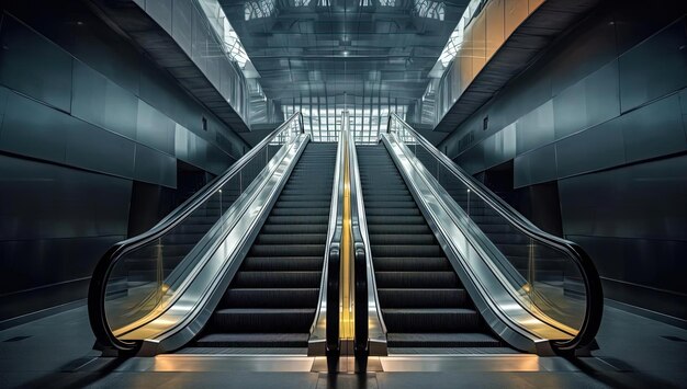 an escalator with a blank poster against it in the style of physically based rendering