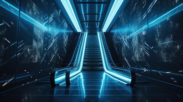 An escalator with blue lights and a blue background