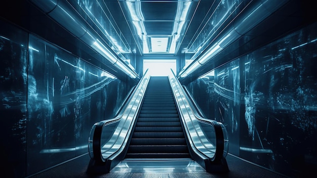 An escalator with a light at the top