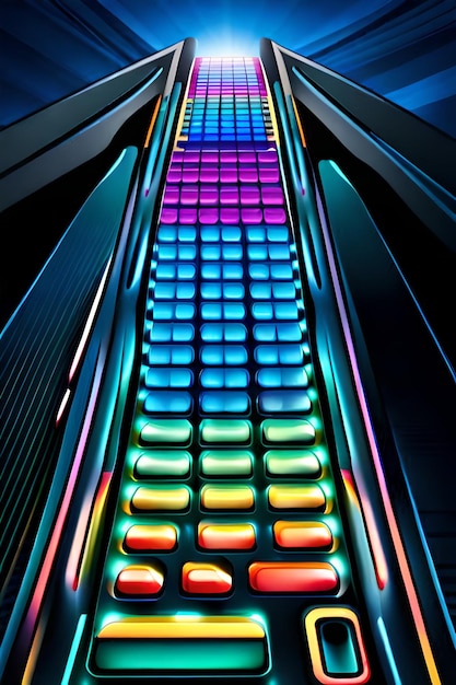 An escalator with a rainbow colored light on it