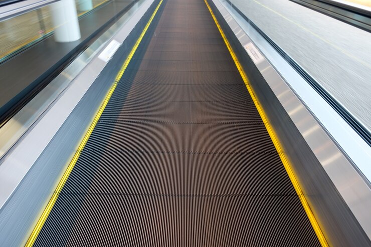 Photo escalator yellow bands moving to front in airport