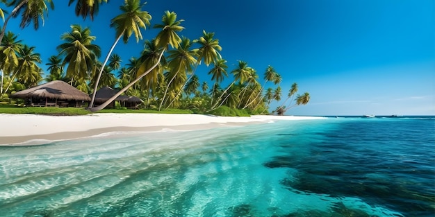 Побег от повседневных забот Уединенный тропический пляж с кристально чистыми бирюзовыми водами и качающимися пальмами Генеративный искусственный интеллект