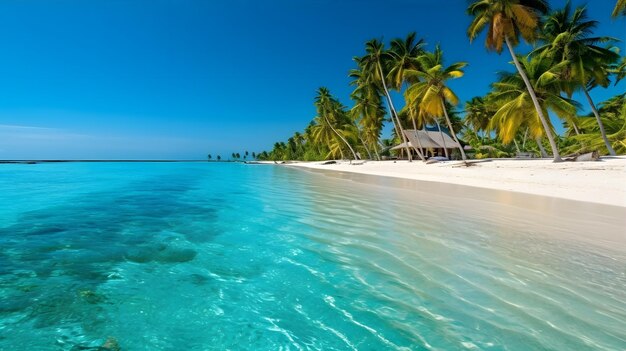 Escape the daily grind Secluded tropical beach complete with crystalclear turquoise waters and swaying palm trees Generative ai