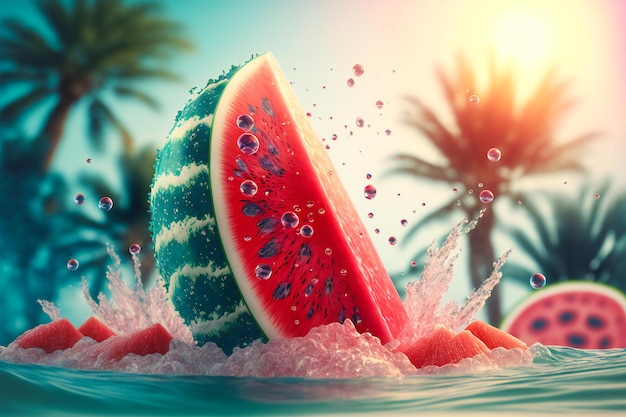 Escape to the seaside with a summer background of watermelon, palm trees, shell, water splash