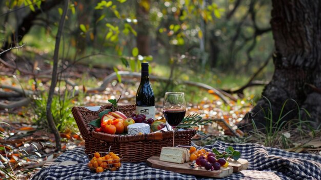 Escape to a secluded spot in the woods for a romantic picnic complete with a spread of fruit cheese