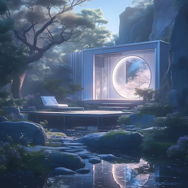 Photo escape to tranquility futuristic zen garden with spacetime portal