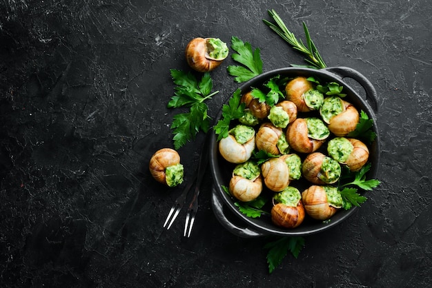 Escargots de Bourgogne baked snails with garlic butter and basil French traditional food Top view Free space for your text