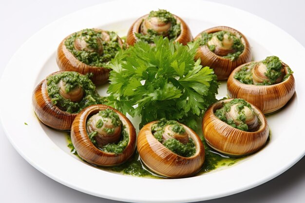 Photo escargots de bourgogne delicacy of snails with parsley and bread on white platter french gourmet