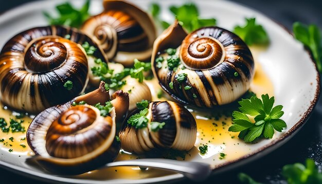 Foto escargots de bourgogne lumache con erbe al burro e aglio in un primo piano del piatto