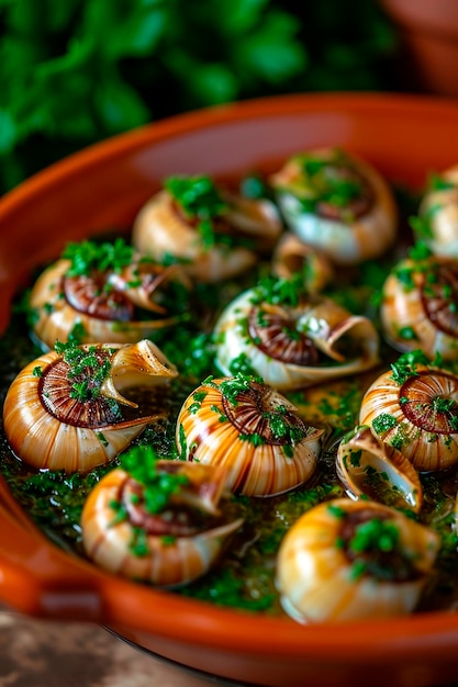 Photo escargots stuffed with butter and herbs selective focus