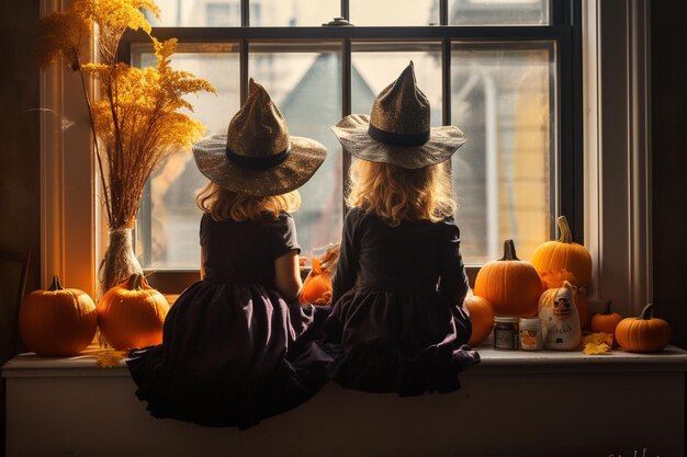 写真 エスケナ・カレジェラ・コロリダ・デ・ハロウィーン ニオス・ハシンド・トゥルコ・オ・トラト・コン・グラン・ランターナ