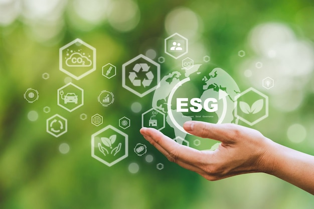 ESG-concept Doel voor duurzame ontwikkeling SDG's Ideeën voor duurzame ontwikkeling en groen ondernemen Wereldwijd communicatienetwerk Milieupictogram op milieutechnologie