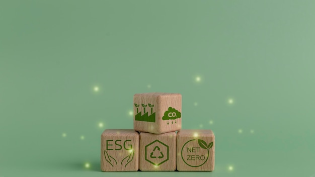 ESG concept of environmental social and governance Sustainable and ethical business wooden cubes with ESG text between business hand to green earth icon including copy space