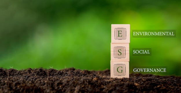 ESG concept of environmental social and governance words ESG on a wood cube is an idea for business sustainable organizational development account the environment society and corporate governance