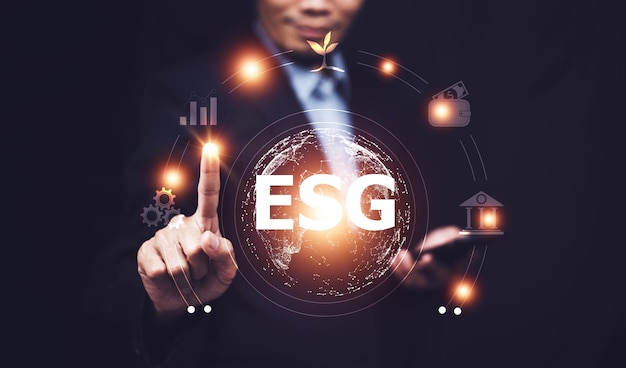 ESG concept Man ESG icon for Environment Social and Governance World sustainable environment concept