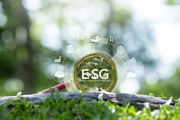 Foto esg ambiente società e governance concetto ambientale connessioni sociali icone correlate set di icone ecologiche attorno a una lente d'ingrandimento sullo sfondo verde