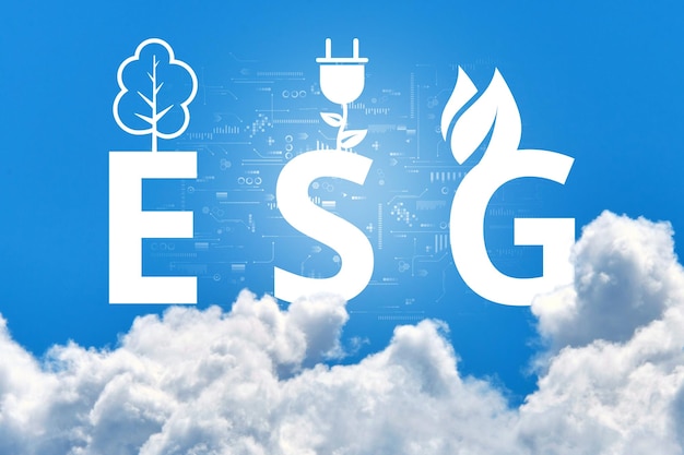 ESG or Environmental Social Governance Text and icons in the sky