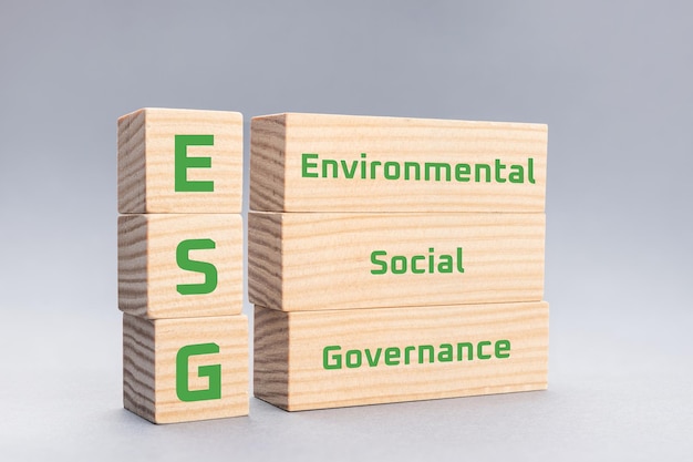 Текст экологического социального управления ESG на деревянных блоках на сером фоне
