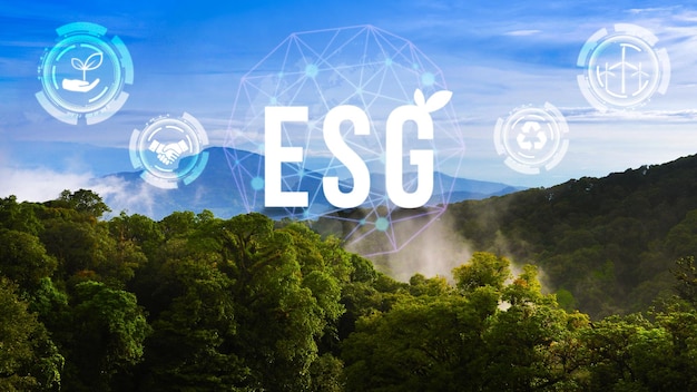 美しい自然の風景の背景にネットワーク接続上の持続可能で倫理的なビジネスにおける環境社会とガバナンスのためのESGアイコンコンセプト