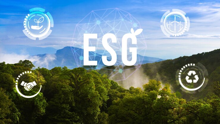 지속가능하고 윤리적인 비즈니스에서 환경, 사회 및 지배를 위한 ESG 아이콘 개념 아름다운 자연 풍경 배경에 네트워크 연결에