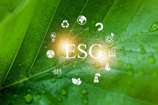 Концепция значка ESG для экологического, социального, сетевого подключения на заднем плане.