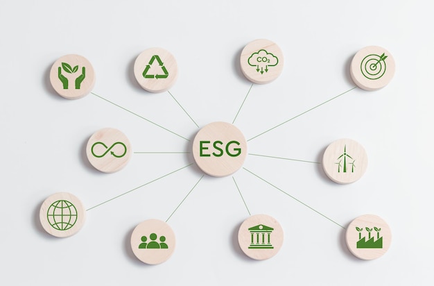 Esg milieu sociale en governance esg iconen netwerkverbinding op cirkel houten blok voor wereld duurzaam milieu concept