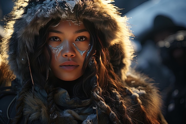 暖かい毛皮の服を着たエスキモ族が 氷の荒野で暮らしています