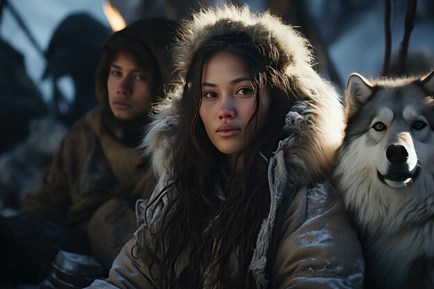 Photo eskimo individuals dressed in warm fur clothing living in the icy wildernessgenerated with ai