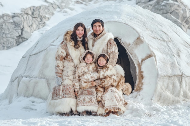 eskimo or inuit family in traditional national clothes in front of igloo