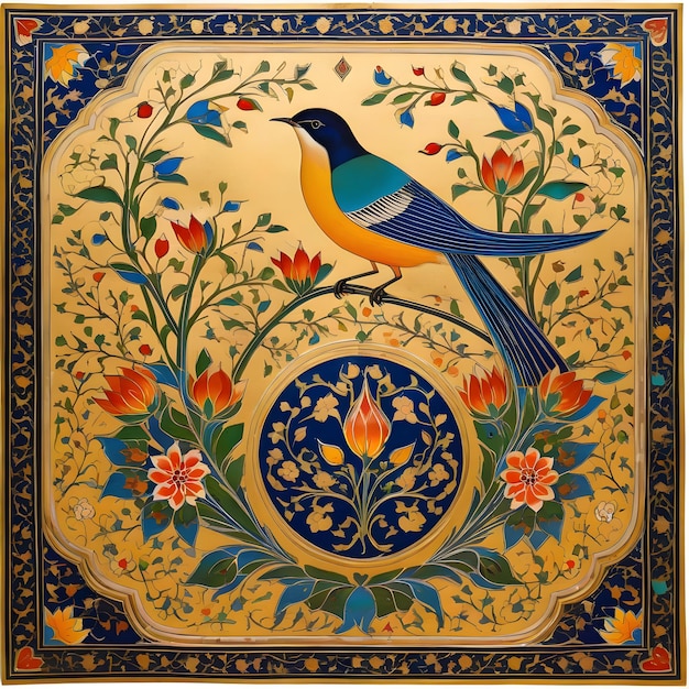 Eslimi Tazhib Gol o Morgh or bird and flower Iranian Art Old design gold colorful paint