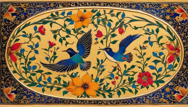 Eslimi Tazhib Gol o Morgh or bird and flower Iranian Art Old design gold colorful paint